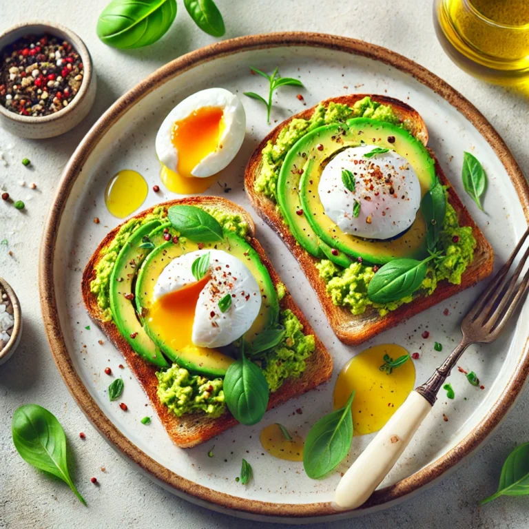 a plate of toast with avocado and poached egg