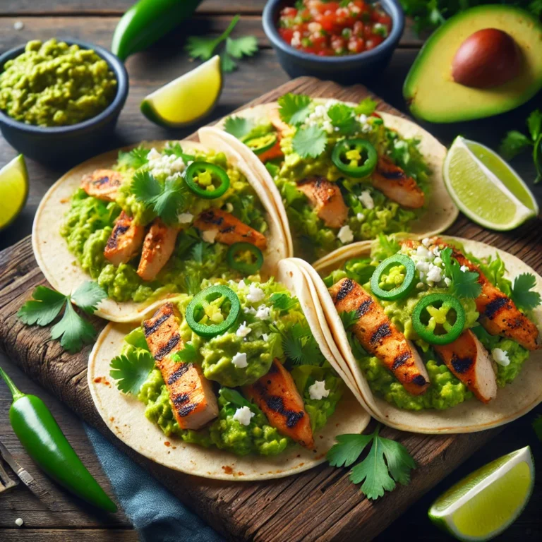 a group of tacos with guacamole and limes