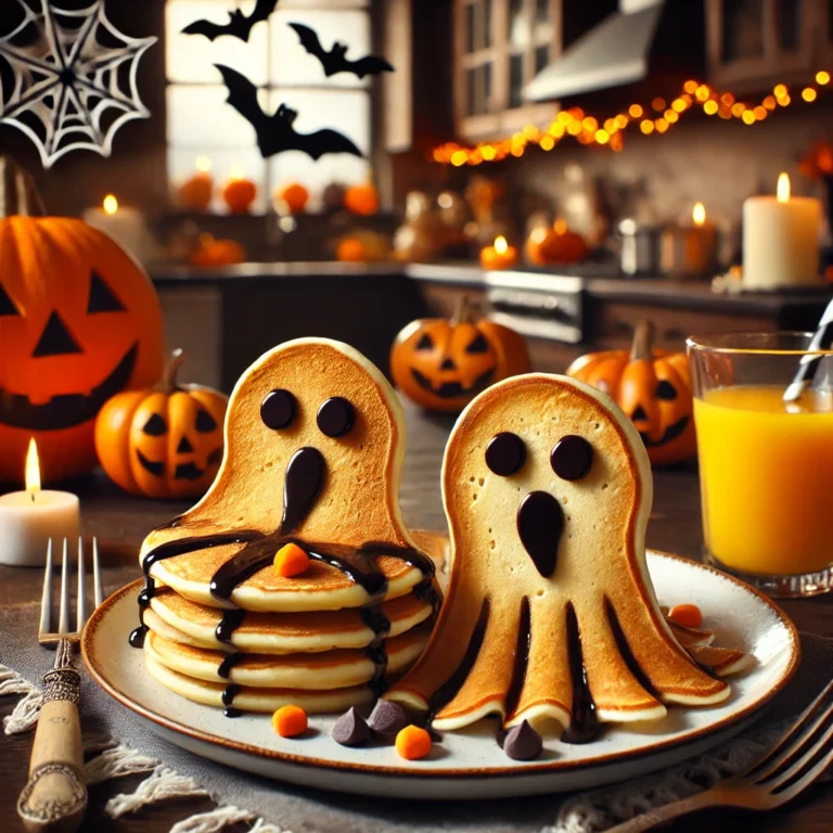 a plate of pancakes with a couple of ghosts on it